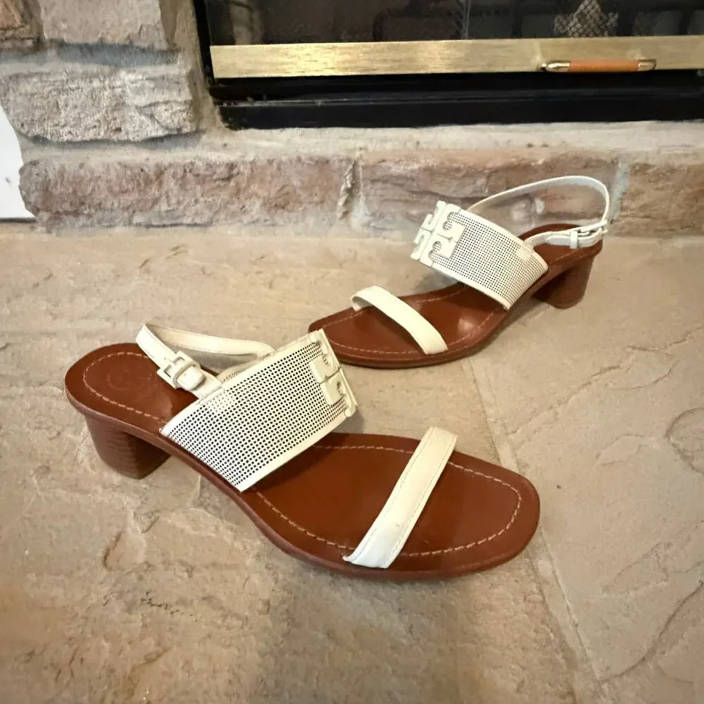 Tory Burch Lowell 2 White Leather Block Heel Sandals Size 9M Old Money Euro Chic